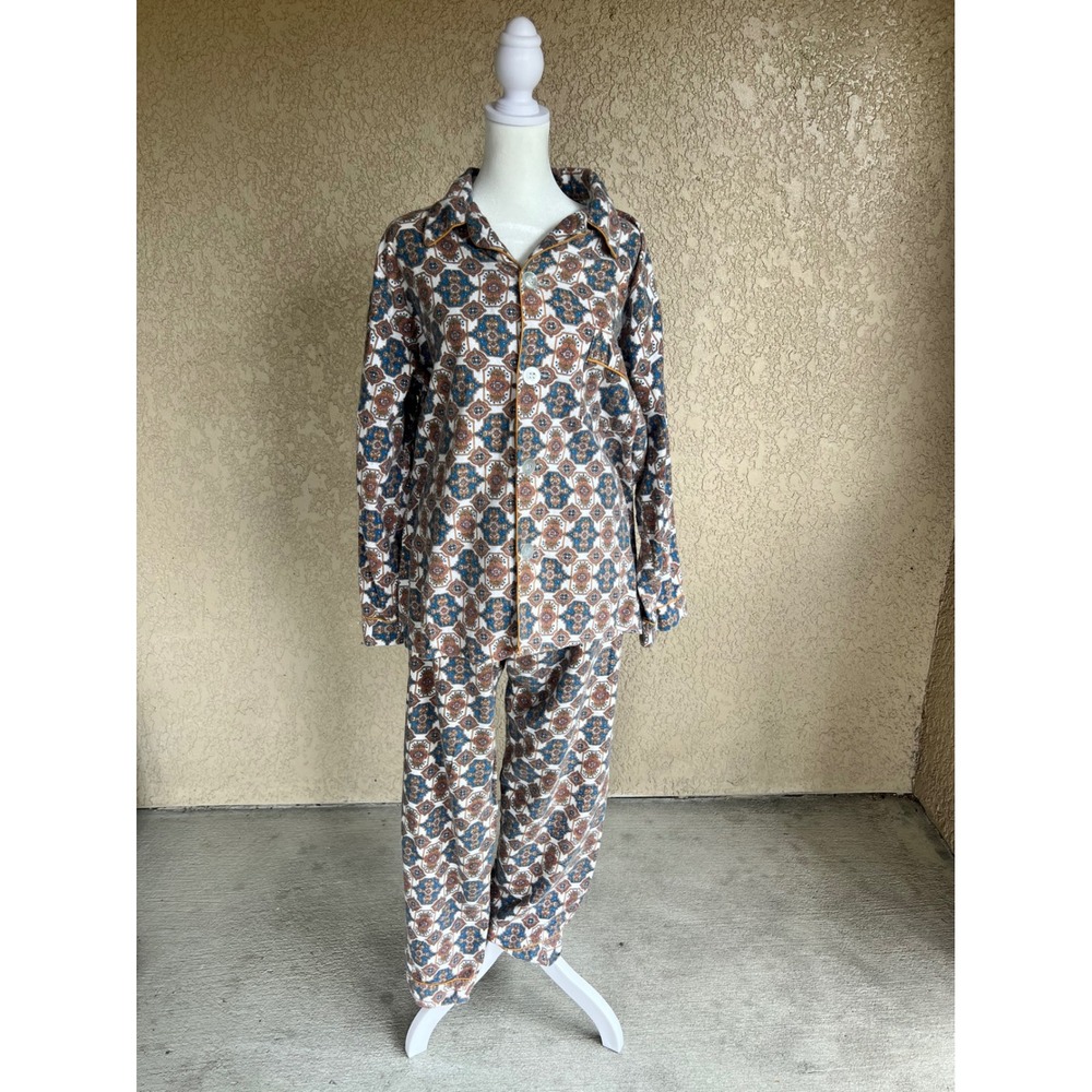 Vintage Gaddi 70s Pajama Set XL Boho Geometric Pattern Balloon Pants Blue Brown - Picture 6 of 16